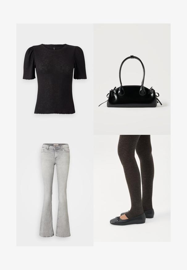 Haut noir côtelé avec manches courtes bouffantes, encolure arrondie, tissu texturé et bord festonné aux ouvertures des manches.; Jeans en denim gris évasés avec une taille ajustée, un design à cinq poches et un léger délavage. Présentent une fermeture à bouton et un ourlet cousu.; Jambes portant des leggings côtelés foncés associés à des ballerines noires avec de petits détails en nœud sur fond blanc.; Petit sac à main noir brillant avec deux longues anses et des détails à cordon sur les côtés sur un fond clair uni.