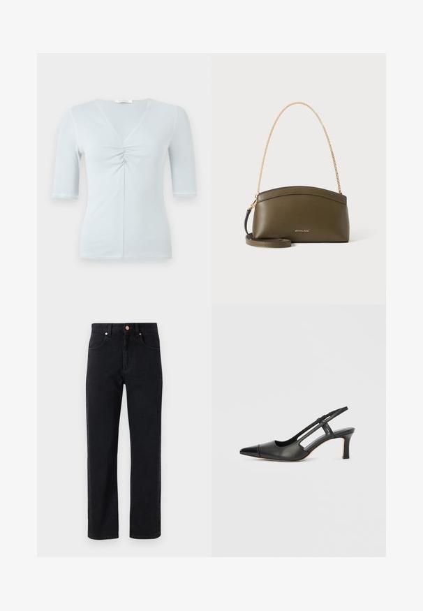 Top bleu clair côtelé à manches courtes avec col en V et détail froncé au centre devant, présenté sur un fond blanc uni.; Jean en denim noir avec une coupe droite, design cinq poches, détails en bouton cuivré et couture minimale visible.; Chaussure à bride arrière en cuir noir avec bout pointu, dotée d'un accent brillant sur le bout et d'un talon de hauteur moyenne. Design latéral ouvert.; Sac à main Michael Kors vert olive avec bandoulière en chaîne dorée, dessus courbé et petit logo doré sur le devant, présenté sur fond blanc.