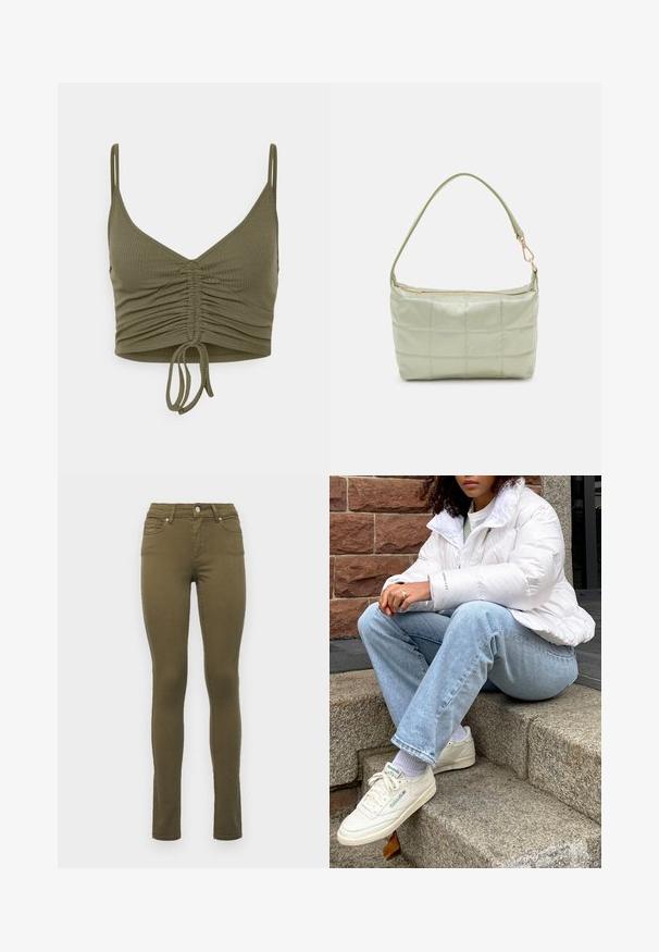 Even&Odd by Zalando Top - olive; Olive zelené slim-fit džínsy vyrobené z bavlnenej zmesi, s klasickým pásom, piatimi vreckami a jemným prešívaním pozdĺž švov.; Biely nafukovací kabát s vysokým golierom, svetlo modré džínsy a biele tenisky Reebok. V pozadí sú štruktúrované kamenné schody.; Polstrovaná zelená ramenná taška s mäkkou textúrou, obdĺžnikovým tvarom, jedným popruhom a zlatou zipsovou uzáverou. Obsahuje prešívaný vzor.