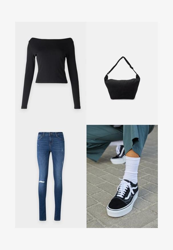 Top negro de manga larga con escote off-the-shoulder. Elaborado con una tela suave y elástica. Diseño corto con silueta ajustada.; Jeans ajustados, de color azul oscuro con un lavado descolorido, rodilla desgastada y diseño de cinco bolsillos. Fabricados con denim con un ligero estiramiento.; Zapatillas de ante negro con acentos y cordones blancos, que cuentan con una gruesa suela blanca y costuras en contraste, combinadas con un calcetín blanco.; Bolso de hombro de tela negro con una superficie suave y texturizada, forma redondeada y una sola correa. Diseño minimalista sin hardware ni acentos visibles.