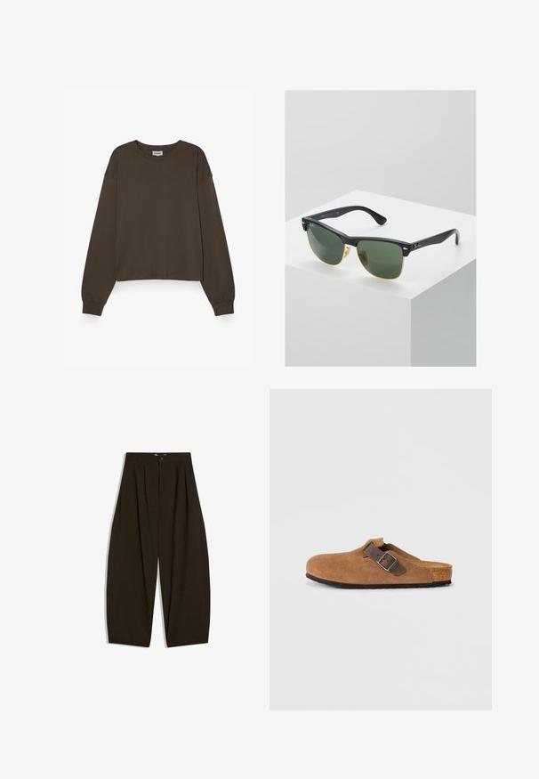 Langærmet mørkebrun sweatshirt med rund halsudskæring og ribkant ved ærmer og bund, lagt fladt mod en hvid baggrund.; Mørkebrune viddebenbukser med folder, bæltestropper og lukkes med knap foran.; Brune ruskindsklogs med en justerbar brun læderrem og sølv spænde, der har en formet korkfodbed og en tekstureret gummi sål.; Ray-Ban solbriller med grønne linser, sorte plastikstel og gyldne detaljer ved kanterne. Firkantet form med mat finish.