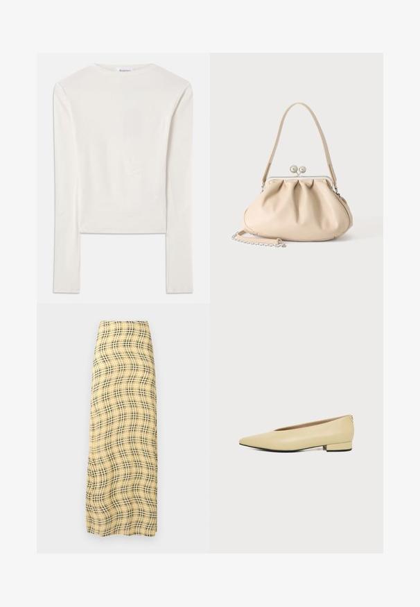 Witte lange mouw top van katoen, met een eenvoudige ronde hals en een slim fit. De stof is glad met een lichte stretch.; Rabanne Maxirok - green/yellow/cream; Beige leren damesschoen met lage hak, puntige neus en minimalistisch ontwerp, zijaanzicht op een effen achtergrond.; Beige zachte leren handtas met een zilveren metalen frame sluiting, een enkele schouderriem en een optionele kettingriem op een witte achtergrond.
