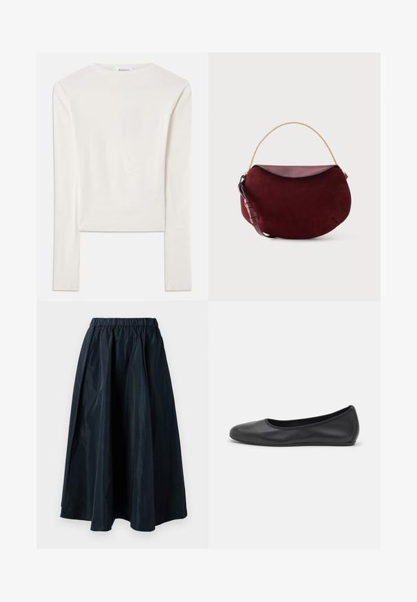 Witte lange mouw top van katoen, met een eenvoudige ronde hals en een slim fit. De stof is glad met een lichte stretch.; Zwarte, lange rok van glanzende, lichte stof. Heeft een elastische tailleband en een vloeiende vormgeving met een gladde, nette afwerking.; Zwarte leren ballerina met een ronde neus, gladde textuur, minimale stikdetails en een flexibele zoolontwerp.; Donkerrode suède handtas in halvemaanvorm met een glad leren klep, gouden kettinghandvat en verstelbare leren riem op een witte achtergrond.