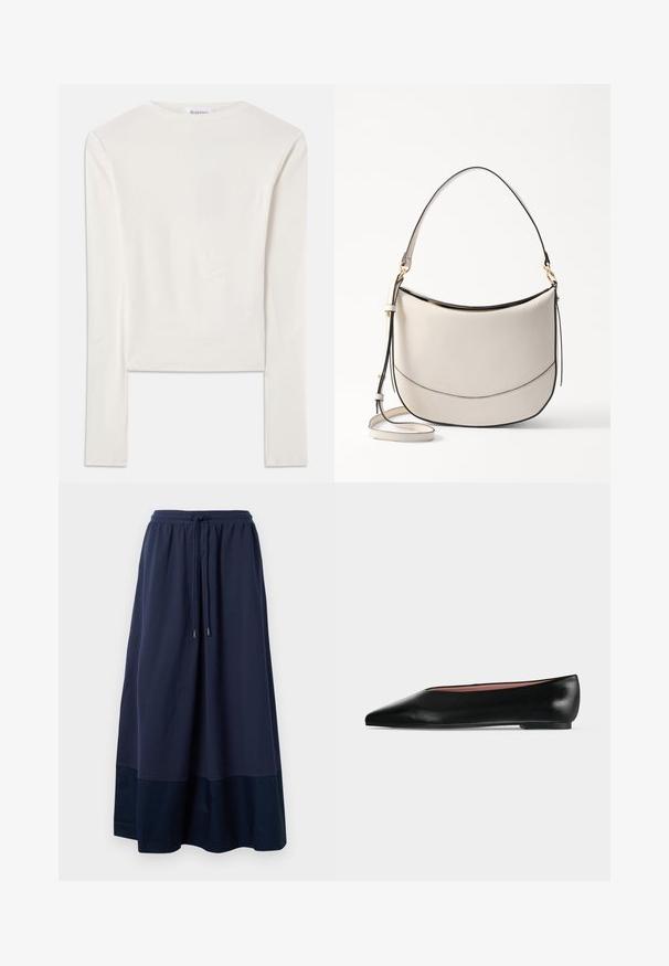 Witte lange mouw top van katoen, met een eenvoudige ronde hals en een slim fit. De stof is glad met een lichte stretch.; Navyblauwe maxi rok van zachte stof, met een elastische tailleband en een trekkoord, en een donkerdere blauwe paneel aan de zoom.; Zwarte leren damesschoen met platte zool, puntige neus en lage hak, zijwaarts afgebeeld tegen een effen lichtgrijze achtergrond.; Vanessa Bruno DAILY - Handtas - ivoire
