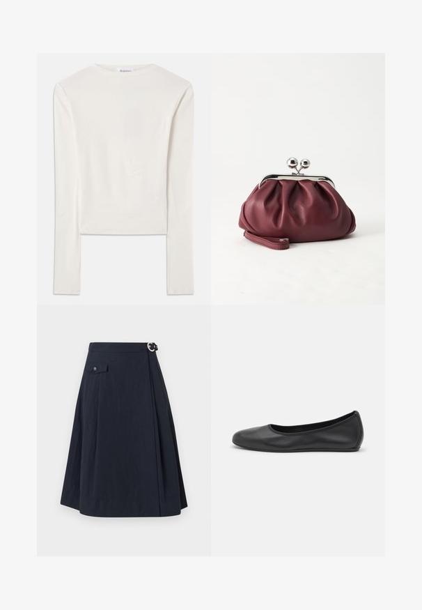 Witte lange mouw top van katoen, met een eenvoudige ronde hals en een slim fit. De stof is glad met een lichte stretch.; Navyblauwe A-lijn rok met een zijknoopsluiting, voorzien van een voorzak en een soepele, lichte stof met een lichte glans.; Zwarte leren ballerina met een ronde neus, gladde textuur, minimale stikdetails en een flexibele zoolontwerp.; Kleine bordeauxrode leren clutch-portemonnee met zilverkleurige metalen sluiting en polsbandje op een witte achtergrond.