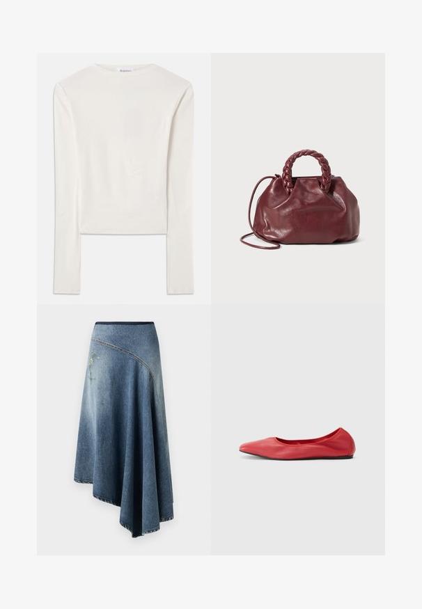 Hvid langærmet top lavet af bomuld, med en simpel rund hals og en slim fit. Stof er glat med en let stræk.; Denim wrap nederdel i lys til mørk blå gradient, med en broderet blomsterdesign på den ene side og synlige stikninger langs kanterne.; Filippa K REY FLATS - Ballerinasko - bright red; Burgundy lædertaske med et flet-håndtag, blød tekstur og en rund form. Har en aftagelig skulderrem for alsidighed.