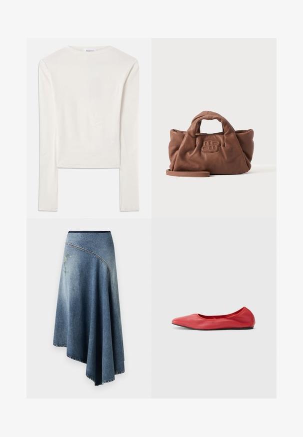 Hvid langærmet top lavet af bomuld, med en simpel rund hals og en slim fit. Stof er glat med en let stræk.; Denim wrap nederdel i lys til mørk blå gradient, med en broderet blomsterdesign på den ene side og synlige stikninger langs kanterne.; Filippa K REY FLATS - Ballerinasko - bright red; Blød brun lædertaske med korte håndtag, et forrest syet logo og en aftagelig lang rem på en enkel lys baggrund.