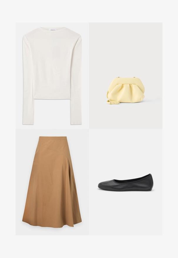 Haut à manches longues blanc en coton, dotée d'un col ras du cou simple et d'une coupe ajustée. Le tissu est lisse avec une légère élasticité.; Jupe midi trapèze couleur beige avec détail de couture asymétrique à l’avant, réalisée en tissu lisse, présentée sur fond blanc.; Ballerines en cuir noir avec un bout rond, texture lisse, détails de couture minimalistes et design de semelle flexible.; Pochette en cuir jaune doux avec un design froncé et une bandoulière amovible, posée sur un fond clair uni.