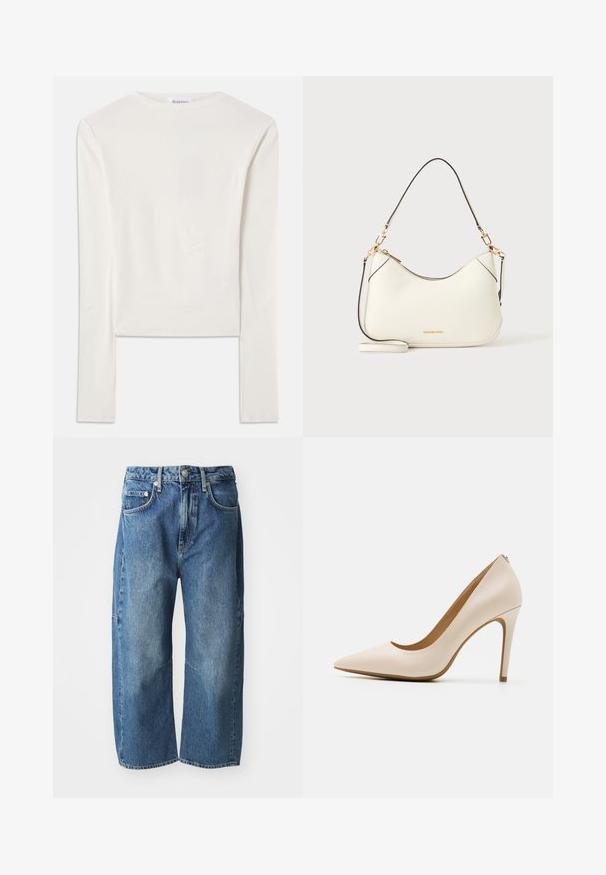 Haut à manches longues blanc en coton, dotée d'un col ras du cou simple et d'une coupe ajustée. Le tissu est lisse avec une légère élasticité.; Jeans en denim bleu avec une coupe décontractée à jambes larges, dotés de poches avant, d'une fermeture à bouton et à glissière, et d'un léger délavage au niveau des genoux.; Escarpin beige à talon haut, à bout pointu, finition en cuir lisse, talon stiletto mince, design minimaliste avec un détail arrière subtil.; Sac bandoulière en cuir blanc avec des éléments dorés, des finitions noires et une bandoulière amovible. Logo Michael Kors doré en bas au centre.