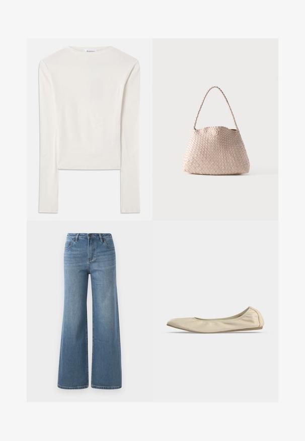 Weißes Langarmshirt aus Baumwolle mit Rundhalsausschnitt und schmaler Passform. Der Stoff ist glatt und hat einen leichten Stretch.; Hellblaue, weit geschnittene Denim-Jeans mit hoher Taille, Knopf- und Reißverschluss sowie Fronttaschen.; Beiger weicher Ledertalier mit abgerundeter Spitze, niedrigem seitlichen Profil und schlanker Gummisohle auf schlichtem weißem Hintergrund.; Beige gewebte Lederschultertasche mit abgerundeter Form und geflochtenem Griff, mit kleinem rundem Lederknopfverschluss.