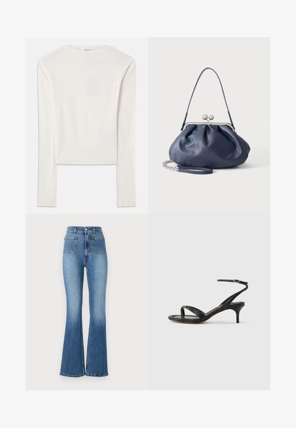 Hvid langærmet top lavet af bomuld, med en simpel rund hals og en slim fit. Stof er glat med en let stræk.; Bredde blå denim jeans med høj talje, der har to baglommer og en falmet vask. Nederkanten er syet med et subtilt design.; Sort damesandal i læder med tynde remme, en tå-loop, ankelspænde og en mellemhøj stiletthæl på en neutral baggrund.; Blød navyblå læderhåndtaske med sølv lukning, enkelt skulderrem og aftagelig kæde til håndleddet på hvid baggrund.