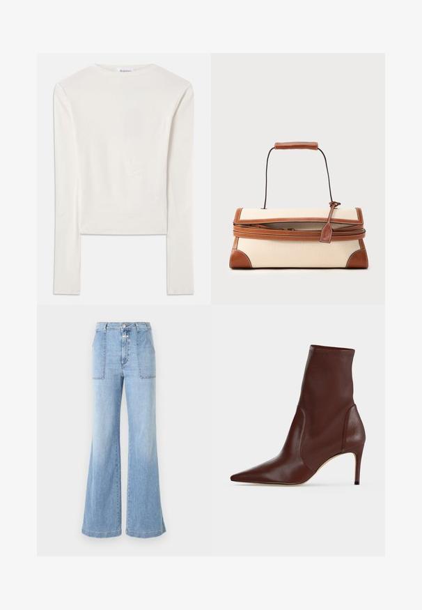 Weißes Langarmshirt aus Baumwolle mit Rundhalsausschnitt und schmaler Passform. Der Stoff ist glatt und hat einen leichten Stretch.; CLOSED ARIA - Flared Jeans - light blue; Dunkelbrauner Lederstiefelette mit spitzer Spitze und schlankem hohen Absatz vor einem schlichten hellen Hintergrund.; Rechteckige beige Canvas-Handtasche mit braunem Lederbesatz, oberem Griff und einem Riemen, der mit einem Lederetikett um den Körper gewickelt ist.