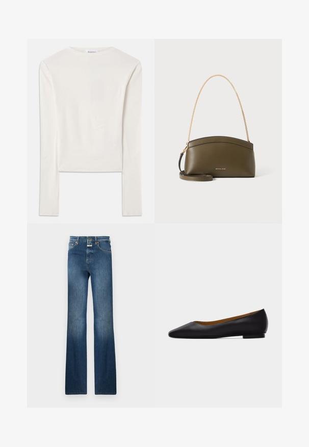Haut à manches longues blanc en coton, dotée d'un col ras du cou simple et d'une coupe ajustée. Le tissu est lisse avec une légère élasticité.; Jeans en denim bleu foncé avec une coupe droite, cinq poches et une fermeture à bouton. Des accents décolorés sur les cuisses mettent en valeur la texture.; Chaussure plate en cuir noir à bout pointu avec talon bas et finition lisse, vue de côté sur un fond gris clair.; Sac à main Michael Kors vert olive avec bandoulière en chaîne dorée, dessus courbé et petit logo doré sur le devant, présenté sur fond blanc.