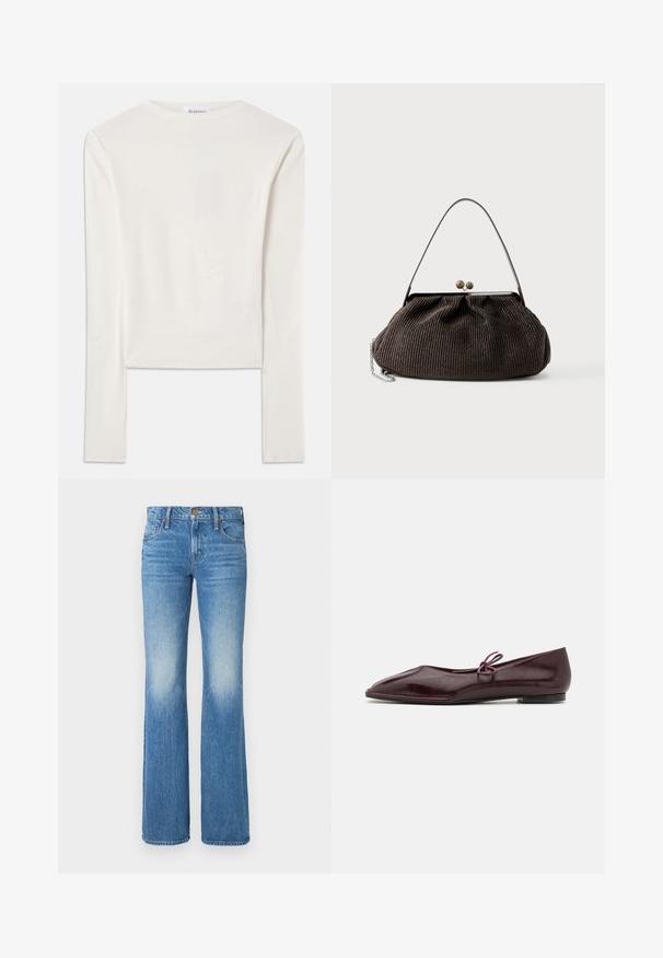 Hvid langærmet top lavet af bomuld, med en simpel rund hals og en slim fit. Stof er glat med en let stræk.; Lysblå fritidsbukser lavet af denim med et falmet design, fem-lomme stil og en knap- og lynlåslukning foran.; Ballethæle i bordeaux laklæder med spids tå og en dekorativ lilla sløjfe på forfoden; flad såldesign.; Lille mørkebrun håndtaske med tekstur, kort rem, metalramme og lukning med spænde, hvilende på en ensfarvet lys baggrund.