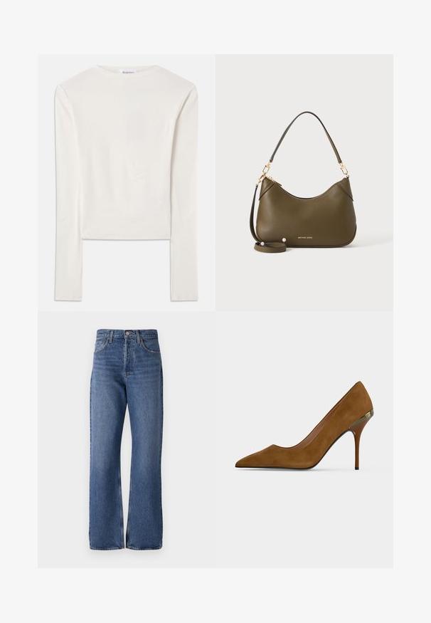 Hvid langærmet top lavet af bomuld, med en simpel rund hals og en slim fit. Stof er glat med en let stræk.; Blå denim jeans med høj talje, bred ben silhuet, klassisk fem-lomme design og subtilt falmende effekt i hele stoffet.; Brun ruskind spids tå højhælet sko med slank stilet og metallisk accent nær hælen mod en lys, ensfarvet baggrund.; Olivengrøn læderhåndtaske med korte og lange remme, guldfarvet hardware og Michael Kors-logo i guld nær bunden på en ensfarvet baggrund.