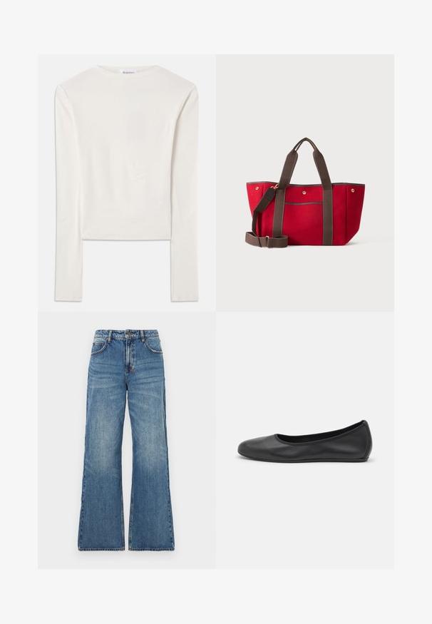 Hvid langærmet top lavet af bomuld, med en simpel rund hals og en slim fit. Stof er glat med en let stræk.; Lys blå denim jeans med høj talje, brede udvidede ben og klassisk fem-lomme design. Bleg tekstur med synlige syningsdetaljer.; Sort læderballetsko med rund tå, glat tekstur, minimal syning og et fleksibelt såldesign.; Rød canvas-tote taske med mørkebrune håndtag og justerbar skulderrem, der hviler på en lys baggrund.