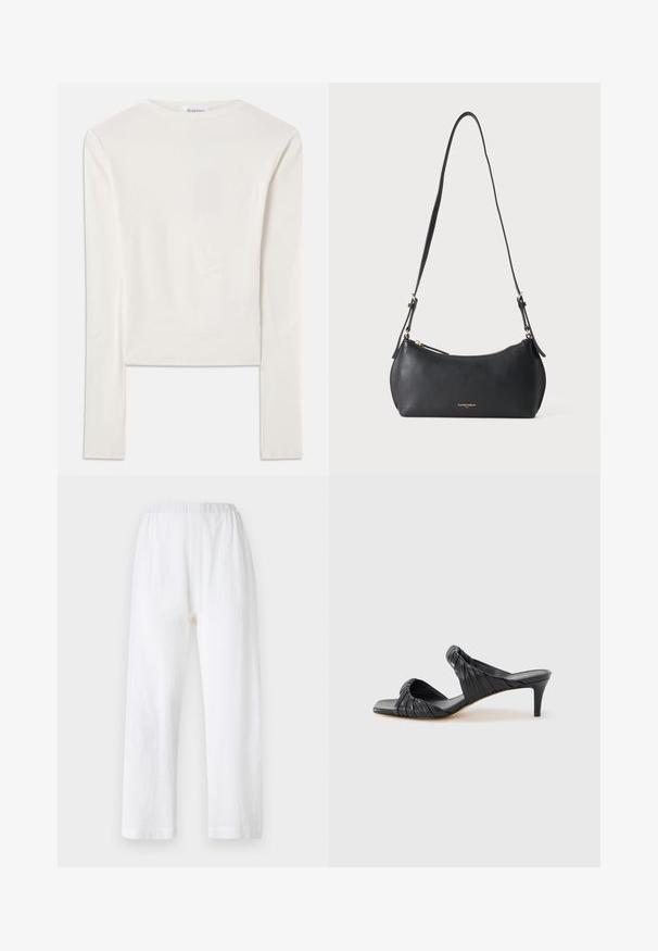 Haut à manches longues blanc en coton, dotée d'un col ras du cou simple et d'une coupe ajustée. Le tissu est lisse avec une légère élasticité.; Pantalons blancs amples avec une taille élastique, fabriqués en tissu texturé. Design à jambe droite avec des ourlets simples.; Sandales à talons noirs avec un bout carré, fabriquées en cuir lisse. Elles présentent des brides froncées et un talon fin pour plus d'élévation.; Petit sac à épaule en cuir noir avec sangle réglable et fermeture éclair dorée, avec un texte de marque doré discret sur le devant.