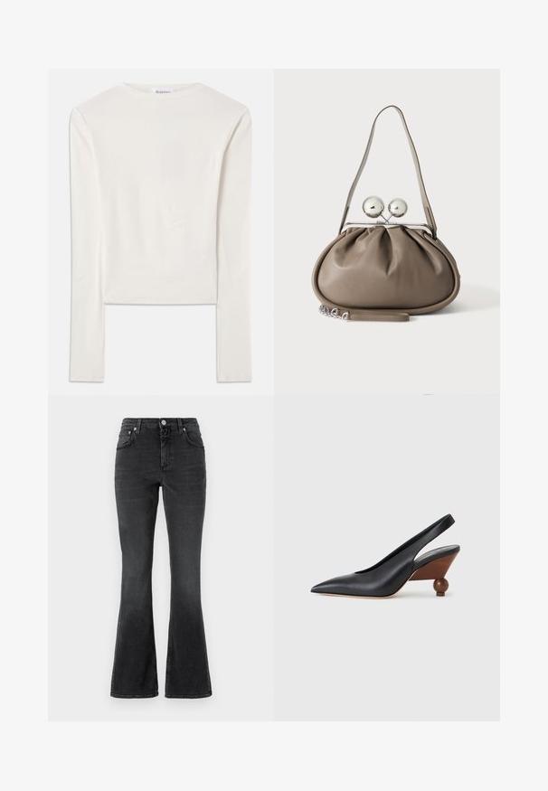 Witte lange mouw top van katoen, met een eenvoudige ronde hals en een slim fit. De stof is glad met een lichte stretch.; CLOSED JOVANNA - Slim fit jeans - dark grey; Zwarte slingback schoen met een puntige neus, een houten blokhak met afgeronde hoeken en een bovenwerk van glad leer, op een lichtgrijze achtergrond.; Grijze leren handtas met afgeronde vorm, bovenste sluiting met twee grote zilveren bollen en een enkele schouderriem.