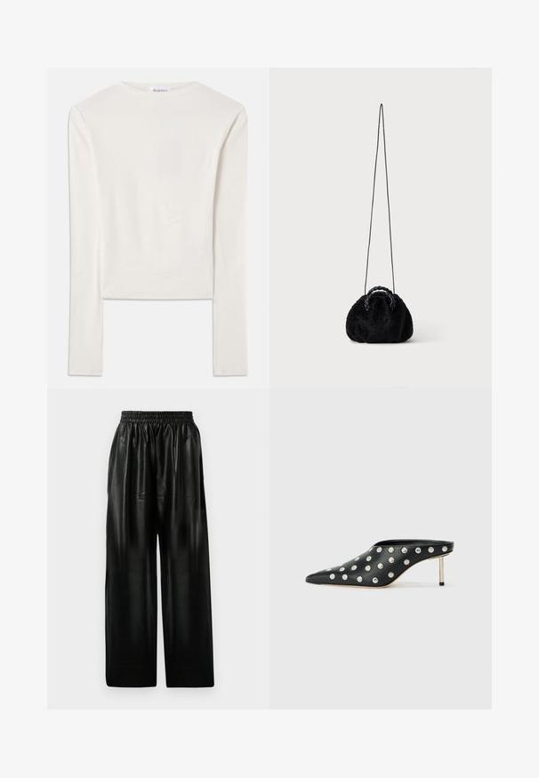 Hvid langærmet top lavet af bomuld, med en simpel rund hals og en slim fit. Stof er glat med en let stræk.; Sorte læder brede bukser med elastisk talje, der har to sidelommer og en glat, blank overflade.; STAND STUDIO KELSEY - Mules med hæl - black; Lille sort taske i kunstpels med flettede top-håndtag og lang tynd skulderrem på ensfarvet baggrund.