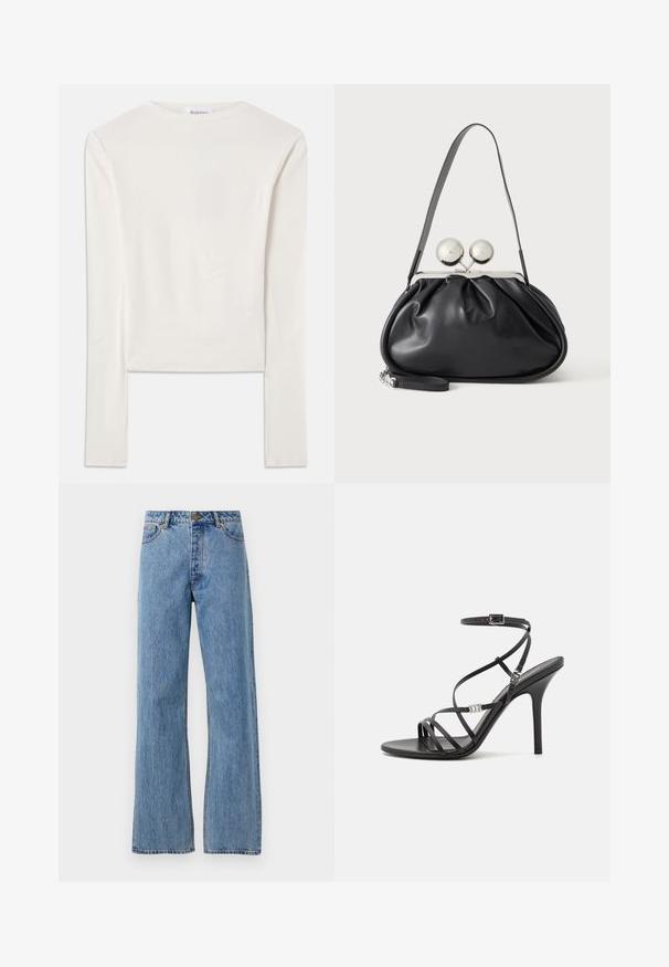 Witte lange mouw top van katoen, met een eenvoudige ronde hals en een slim fit. De stof is glad met een lichte stretch.; Lichtblauwe hoge taille straight-leg jeans met een voorknoop, rits en vijf-pocket ontwerp op een effen witte achtergrond.; Zwarte hoge hakken sandaal met dunne banden, een enkelgesp, een gladleren oppervlak en een slanke stilettohak.; Zwarte leren handtas met een geplooid ontwerp, een enkele schouderband, zilverkleurige metalen omlijsting en twee grote ronde zilveren sluitingen.