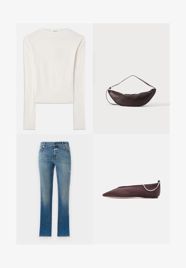 Haut à manches longues blanc en coton, dotée d'un col ras du cou simple et d'une coupe ajustée. Le tissu est lisse avec une légère élasticité.; Jean droit bleu clair en denim. Présente une taille mi-haute, des poches avant et un léger effet usé sur le tissu.; Chaussure plate marron foncé à bout pointu avec un petit talon et un détail chaîne en strass argentée à l'arrière.; Sac d'épaule en cuir marron foncé en forme de croissant avec une lanière courbée et des coutures visibles sur fond uni.