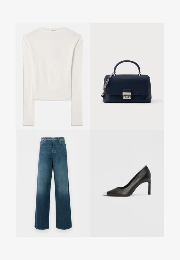 Haut à manches longues blanc en coton, dotée d'un col ras du cou simple et d'une coupe ajustée. Le tissu est lisse avec une légère élasticité.; Jean denim bleu à jambes larges, taille haute, fermeture devant par bouton et zip, et poches avant sur fond uni.; Chaussure à talon haut en cuir noir avec bout pointu et capuchon argenté métallique. Présente une finition lisse et un talon fin de 10 cm.; Sac à main en cuir texturé bleu marine avec une poignée supérieure, une bandoulière en chaîne argentée, et une fermeture rectangulaire argentée sur un fond blanc uni.