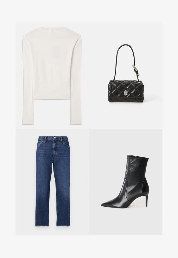 Hvid langærmet top lavet af bomuld, med en simpel rund hals og en slim fit. Stof er glat med en let stræk.; Denim jeans i en mørkeblå vask. Lige ben-design med fem-lomme stil, front lukning med knap og kontrasterende syning.; Sorte ankelstøvler lavet af glat læder, med spids tå, tætsiddende skaft og en slank høj hæl. Minimalistisk design uden synligt hardware.; Sort læderhåndtaske med quiltet design, rund form, kort skulderrem og hardware i sølvtoner med låse detaljer.