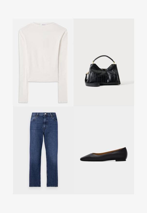 Hvid langærmet top lavet af bomuld, med en simpel rund hals og en slim fit. Stof er glat med en let stræk.; Denim jeans i en mørkeblå vask. Lige ben-design med fem-lomme stil, front lukning med knap og kontrasterende syning.; Sort læder flad sko med spids tå, lav hæl og glat finish, vist fra siden på en lysegrå baggrund.; Sort læder håndtaske med teksturerede lodrette linjer, kort håndtag, aftagelig lang rem og guldfarvede hardware-accenter på ensfarvet baggrund.