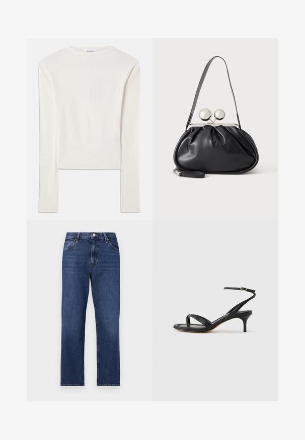 Weißes Langarmshirt aus Baumwolle mit Rundhalsausschnitt und schmaler Passform. Der Stoff ist glatt und hat einen leichten Stretch.; Jeans aus Denim in einem dunklen Blauton. Gerades Bein Design mit fünf Taschen, Frontknopfverschluss und kontrastierenden Stickereidetails.; Schwarze Ledersandale für Damen mit dünnen Riemchen, einer Zehenlasche, einer Knöchelschnalle und einem mittelhohen Stöckelabsatz vor neutralem Hintergrund.; Schwarze Ledertasche mit gerafftem Design, einem einzelnen Riemen, silbernem Metallrahmen und zwei großen runden silbernen Verschlüssen.