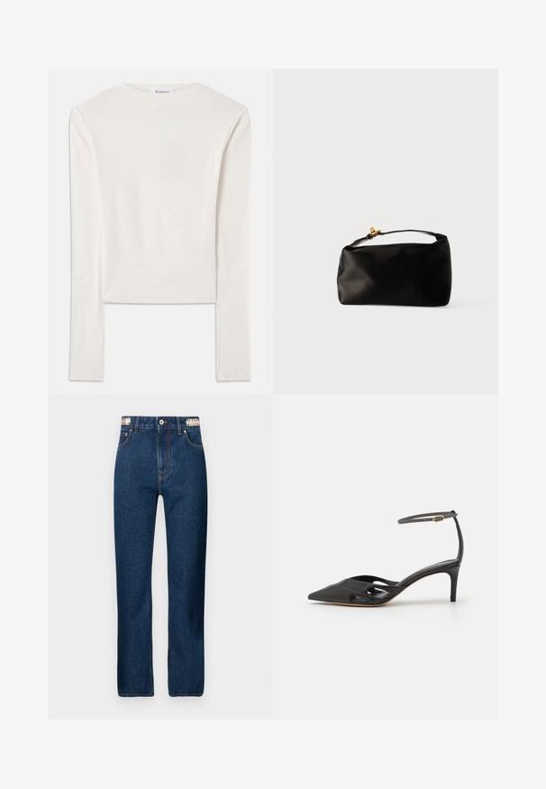 Hvid langærmet top lavet af bomuld, med en simpel rund hals og en slim fit. Stof er glat med en let stræk.; Rabanne Jeans Straight Leg - dark blue denim; Sort læder højhælet sko med spids tå, åbne sider og en tynd ankelrem med en lille guld detalje.; Sort satinpung med en afrundet form, et håndtag i toppen og en guldaccentlås. Glat tekstur med et minimalistisk design.
