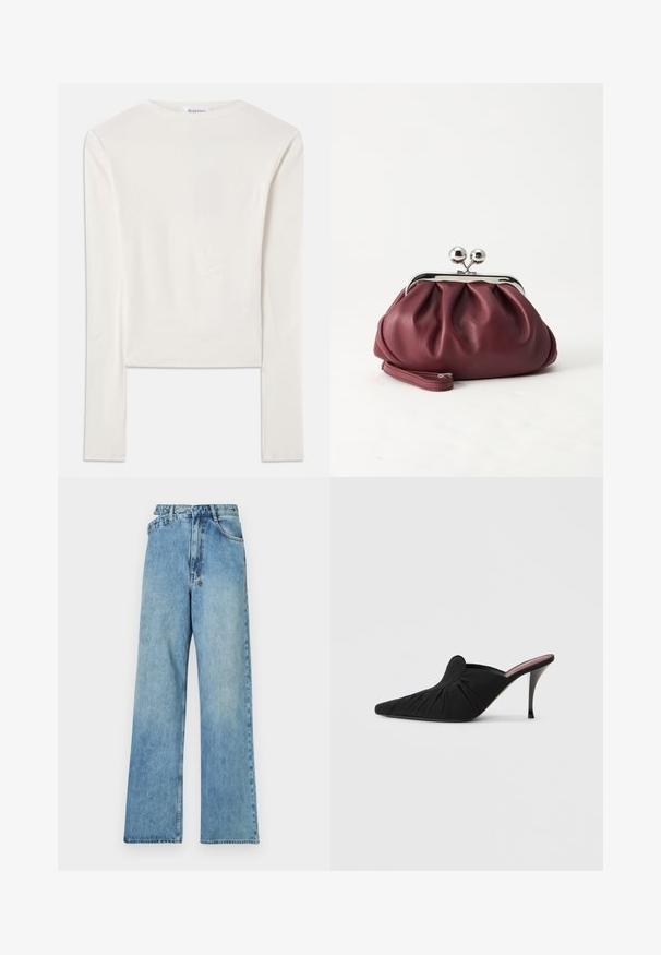 Hvid langærmet top lavet af bomuld, med en simpel rund hals og en slim fit. Stof er glat med en let stræk.; Lys blå denim brede bukser med mellemhøj talje, fem lommer og knaplukning med metalbeslag samt en bleget finish.; Sort højhælet mule med spids tå, blødt stof med rynket tekstur foran og en slank stiletthæl.; Lille bordeauxlæder clutch-pung med sølv metal lukning og håndledsrem på hvid baggrund.
