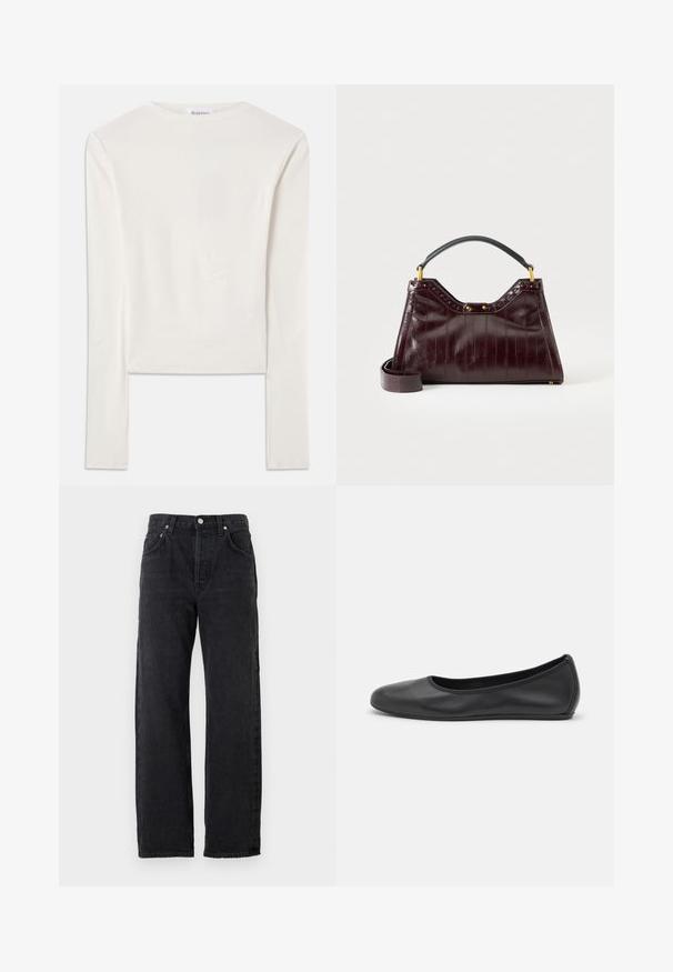 Hvid langærmet top lavet af bomuld, med en simpel rund hals og en slim fit. Stof er glat med en let stræk.; Sorte denim jeans med lige ben, med en høj talje, fem lommer og metalliske knapper. Glat, let struktureret stof.; Sort læderballetsko med rund tå, glat tekstur, minimal syning og et fleksibelt såldesign.; Mørk bordeaux læderhåndtaske med tekstureret mønster, sort topgreb, guldfarvet hardware og aftagelig skulderrem på hvid baggrund.