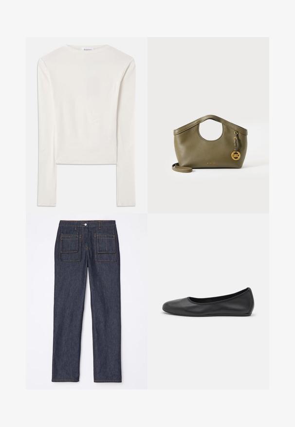 Haut à manches longues blanc en coton, dotée d'un col ras du cou simple et d'une coupe ajustée. Le tissu est lisse avec une légère élasticité.; Jean en denim bleu marine avec une coupe droite, dotés de deux poches arrière et de surpiqûres orange contrastantes.; Ballerines en cuir noir avec un bout rond, texture lisse, détails de couture minimalistes et design de semelle flexible.; Sac à main en cuir vert olive avec poignée ronde découpée, breloque logo MK dorée et bandoulière amovible sur fond blanc.