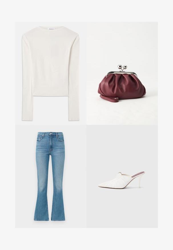 Hvid langærmet top lavet af bomuld, med en simpel rund hals og en slim fit. Stof er glat med en let stræk.; Lysblå flagrende jeans lavet af denim, med høj talje, fem-lomme design og minimalistisk syning med en falmet finish i kanten.; Hvide mule sko med spids snude, plisseret tekstur på overdelen og en slank stilet hæl. Glat overflade og minimalistisk design.; Lille bordeauxlæder clutch-pung med sølv metal lukning og håndledsrem på hvid baggrund.