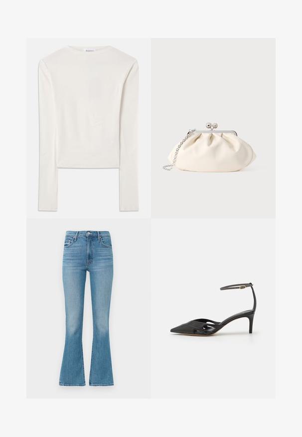 Hvid langærmet top lavet af bomuld, med en simpel rund hals og en slim fit. Stof er glat med en let stræk.; Lysblå flagrende jeans lavet af denim, med høj talje, fem-lomme design og minimalistisk syning med en falmet finish i kanten.; Sort læder højhælet sko med spids tå, åbne sider og en tynd ankelrem med en lille guld detalje.; Cremefarvet stofclutch med et rynket design, sølv metalramme, to dekorative kugler og en sølvkæde som rem.