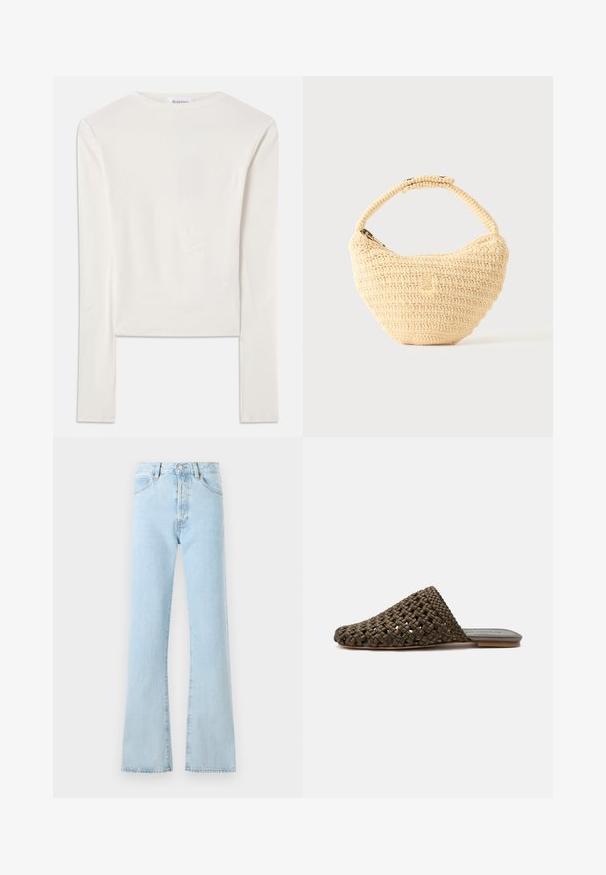 Haut à manches longues blanc en coton, dotée d'un col ras du cou simple et d'une coupe ajustée. Le tissu est lisse avec une légère élasticité.; FRAME THE VERTICAL - Jean boyfriend - light blue; Mule tissée marron à enfiler avec une semelle plate et un bout fermé arrondi sur fond blanc.; Sac à main beige tissé avec corps arrondi, fermeture éclair et une sangle courte et épaisse dans un style crochet simple et texturé.