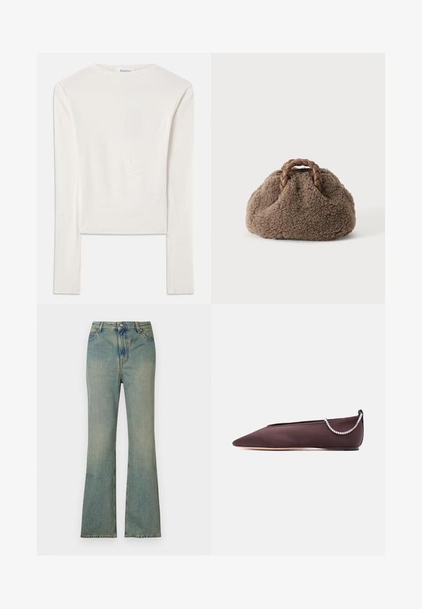 Hvid langærmet top lavet af bomuld, med en simpel rund hals og en slim fit. Stof er glat med en let stræk.; Lysblå denim flare jeans med høj talje, fem lommer og lynlås. Ren, falmet finish med subtile syninger.; Mørkebrun flad sko med spids tå, lav hæl og en sølvfarvet rhinstenkæde detalje bagpå.; Lille brun, fluffy håndtaske med flettede læderhåndtag på en ensfarvet lys baggrund.