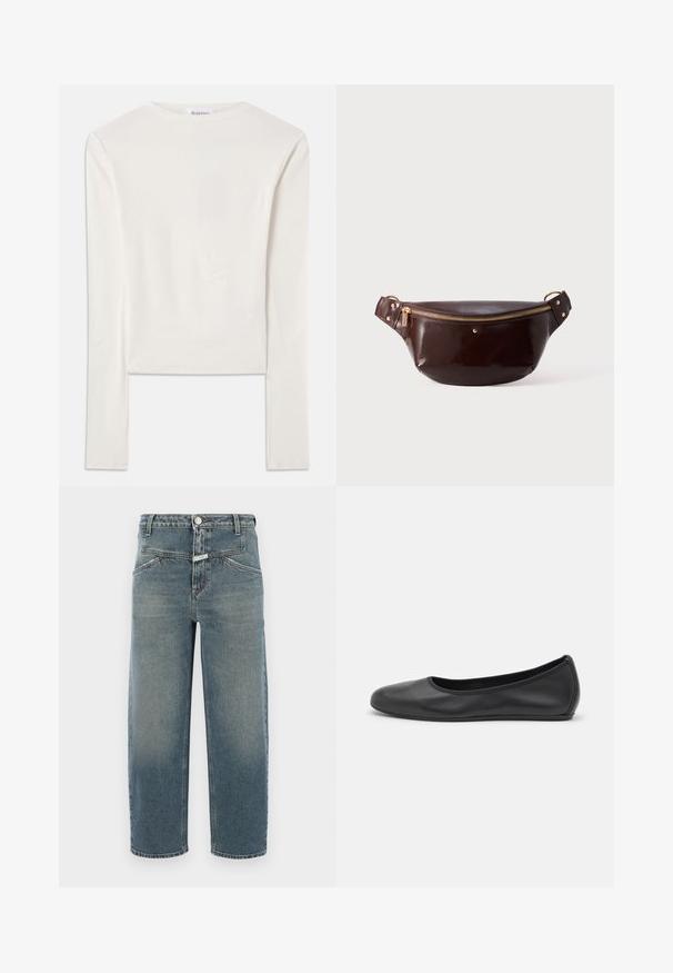 Haut à manches longues blanc en coton, dotée d'un col ras du cou simple et d'une coupe ajustée. Le tissu est lisse avec une légère élasticité.; CLOSED STOVER X - Jeans fuselé - mid blue; Ballerines en cuir noir avec un bout rond, texture lisse, détails de couture minimalistes et design de semelle flexible.; Sac de taille en cuir brillant marron foncé avec fermeture éclair et dorures, au design minimaliste, reposant sur un fond blanc uni.