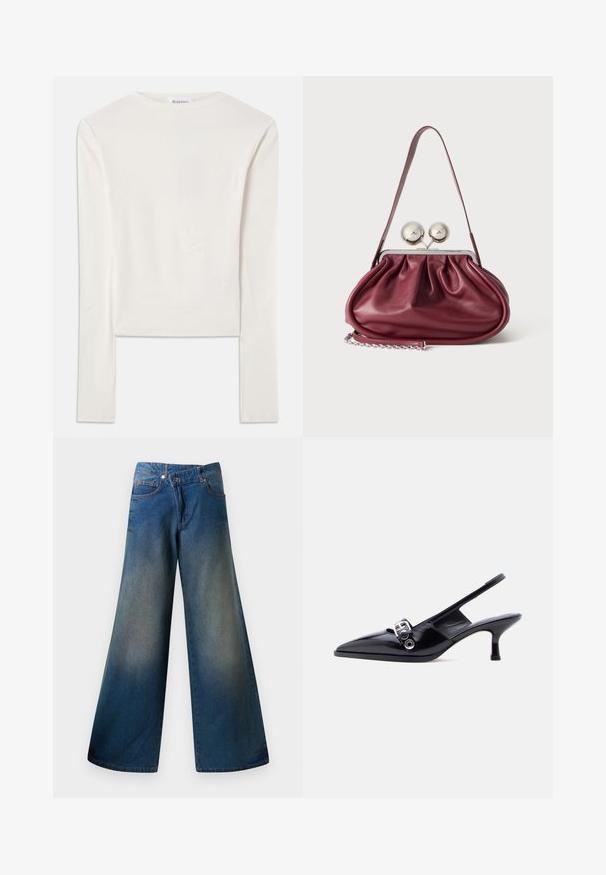 Witte lange mouw top van katoen, met een eenvoudige ronde hals en een slim fit. De stof is glad met een lichte stretch.; Wijdgevallen blauwe spijkerbroek van denim, met een licht vervaagde afwerking, zichtbare stiksels, twee voorkanten zakken en een knoopsluiting.; Zwarte slingback kitten heel schoen van lakleer met puntige neus en zilveren gespsluiting op een effen witte achtergrond.; Kleine bordeaux leren handtas met geplooide details, een dunne band en een zilveren sluiting met twee grote ronde knoppen.