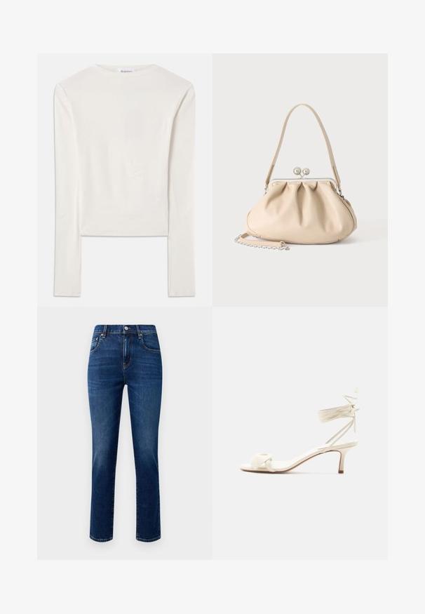 Camiseta blanca de manga larga hecha de algodón, con un sencillo cuello redondo y un ajuste ceñido. La tela es suave con un ligero estiramiento.; Jeans de mezclilla en azul oscuro, con corte recto, diseño de cinco bolsillos y cierre frontal de botón metálico. Textura suave, sin patrones visibles.; Sandalia de tacón bajo color crema con lazos alrededor del tobillo y una amplia tira retorcida sobre los dedos, sobre un fondo blanco liso.; Bolso de mano de cuero suave beige con cierre de marco metálico plateado, una correa para el hombro y una correa de cadena opcional sobre un fondo blanco.