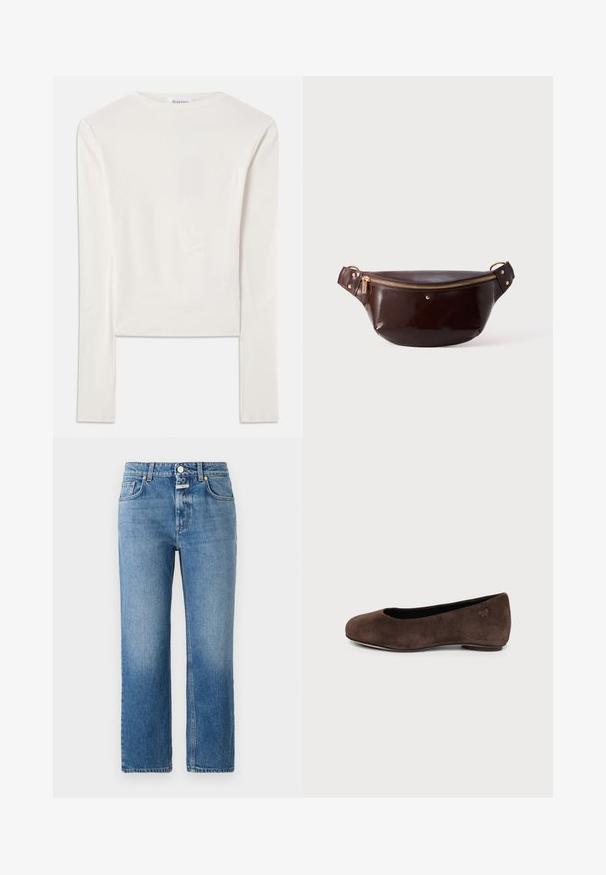 Haut à manches longues blanc en coton, dotée d'un col ras du cou simple et d'une coupe ajustée. Le tissu est lisse avec une légère élasticité.; CLOSED MILO - Jean droit - mid blue; Chaussure plate en daim marron avec bout arrondi et petit talon, vue de profil sur fond clair uni.; Sac de taille en cuir brillant marron foncé avec fermeture éclair et dorures, au design minimaliste, reposant sur un fond blanc uni.