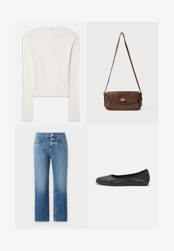 Haut à manches longues blanc en coton, dotée d'un col ras du cou simple et d'une coupe ajustée. Le tissu est lisse avec une légère élasticité.; CLOSED MILO - Jean droit - mid blue; Ballerines en cuir noir avec un bout rond, texture lisse, détails de couture minimalistes et design de semelle flexible.; Sac bandoulière en daim marron avec une longue sangle réglable et une fermeture à tour dorée sur le rabat avant.