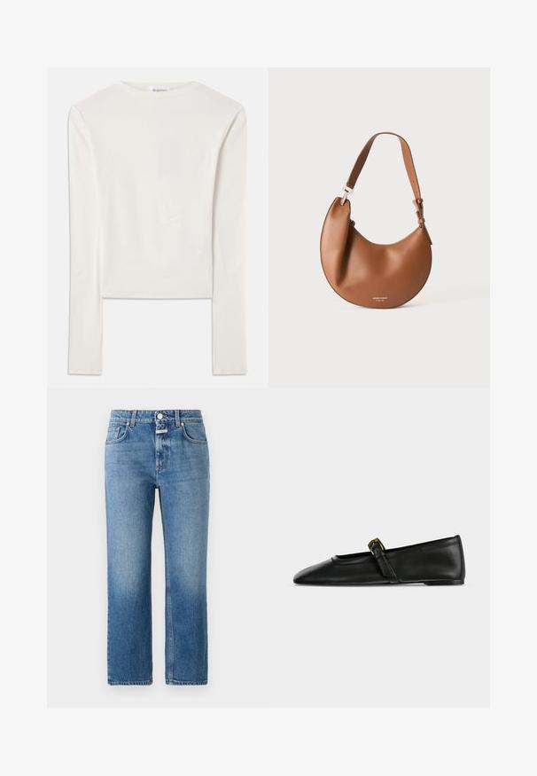 Witte lange mouw top van katoen, met een eenvoudige ronde hals en een slim fit. De stof is glad met een lichte stretch.; CLOSED MILO - Straight leg jeans - mid blue; Zwarte leren Mary Jane platte schoen met een spitse neus en een dun bandje met een kleine gouden gesp, van opzij getoond op een effen achtergrond.; Bruine leren schoudertas in halvemaanvorm met verstelbare riem en kleine zilveren logotekst onderaan in het midden.