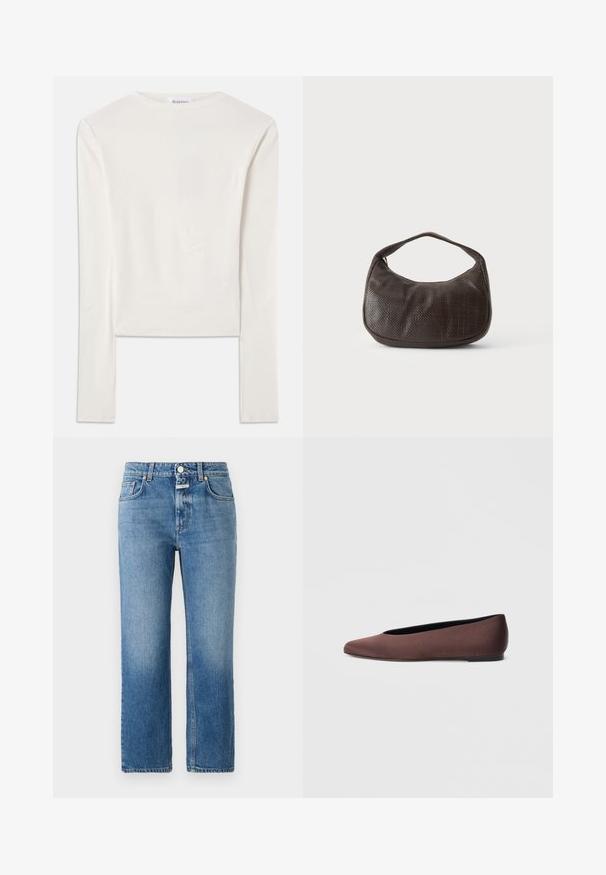 Witte lange mouw top van katoen, met een eenvoudige ronde hals en een slim fit. De stof is glad met een lichte stretch.; CLOSED MILO - Straight leg jeans - mid blue; Bruine stoffen balletschoenen met een puntige neus en een gladde textuur, voorzien van een lage achterkant en een dunne zwarte zool. Geen zichtbare patronen of metalen onderdelen.; Kleine donkerbruine gestructureerde handtas met korte band en afgeronde onderkant op een effen lichte achtergrond.