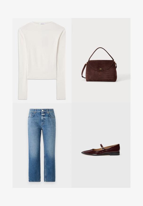 Witte lange mouw top van katoen, met een eenvoudige ronde hals en een slim fit. De stof is glad met een lichte stretch.; CLOSED MILO - Straight leg jeans - mid blue; Bordeaux patentleren Mary Jane ballerina's met een spitse neus, platte hak en een decoratieve band met een ronde gespaccent.; Bruine suède handtas met een enkele bovenste handgreep, klepsluiting en goudkleurige draaivergrendeling op een effen lichte achtergrond.