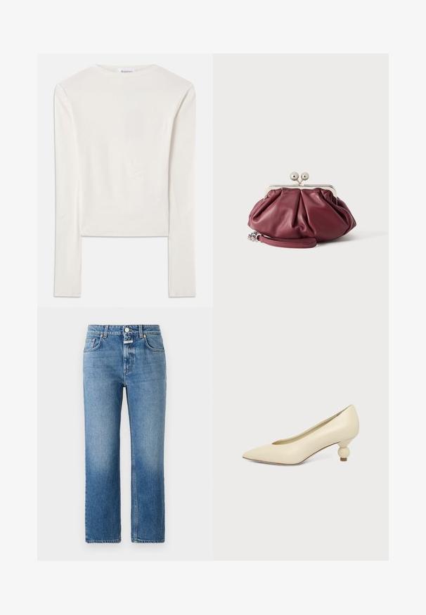 Hvid langærmet top lavet af bomuld, med en simpel rund hals og en slim fit. Stof er glat med en let stræk.; CLOSED MILO - Jeans Straight Leg - mid blue; Kremfarvet damesko med spids snude og lav hæl, hvor hælen er rund og kugleformet, på en ensfarvet baggrund.; Lille bordeaux rød læder clutch-pung med sølv metal lukning og håndledsrem på hvid baggrund.