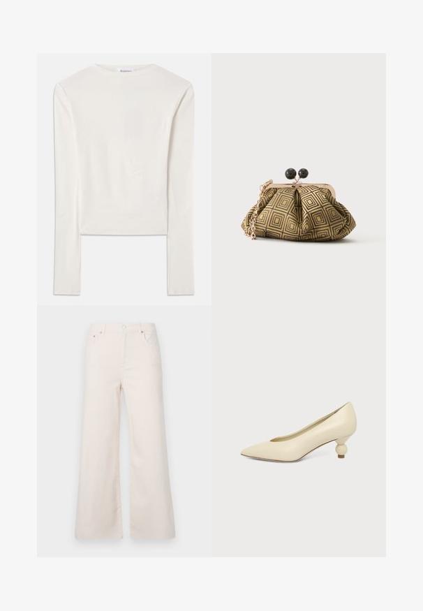 Haut à manches longues blanc en coton, dotée d'un col ras du cou simple et d'une coupe ajustée. Le tissu est lisse avec une légère élasticité.; Pantalons en denim beige clair à jambes larges, taille haute, avec cinq poches et une fermeture à bouton à l'avant. Texture lisse, détails de couture minimalistes.; Chaussure femme couleur crème à bout pointu avec un petit talon rond en forme de boule, sur fond uni.; Petite pochette avec motif géométrique doré et noir, cadre en métal doré, fermeture à boule noire et une courte chaîne dorée.