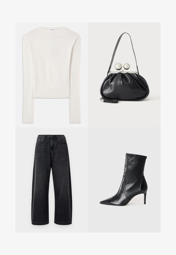 Hvid langærmet top lavet af bomuld, med en simpel rund hals og en slim fit. Stof er glat med en let stræk.; Bredde ben sorte jeans lavet af denim, med et klassisk fem-lomme design, subtil fading og en knaplukning i taljen.; Sorte ankelstøvler lavet af glat læder, med spids tå, tætsiddende skaft og en slank høj hæl. Minimalistisk design uden synligt hardware.; Sort læderhåndtaske med opsamlet design, en enkelt rem, sølv metalramme og to store runde sølv lukninger.