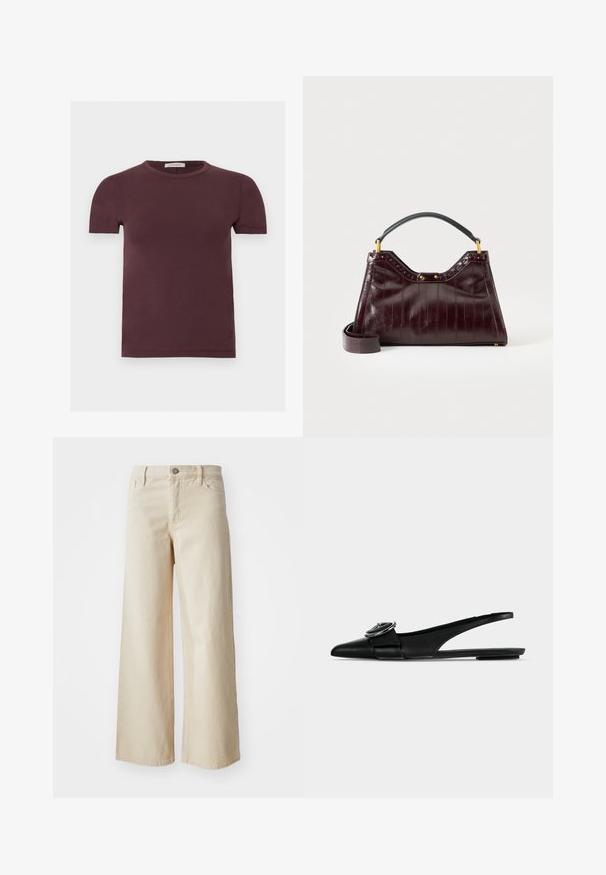 T-shirt met korte mouwen en ronde hals in donker bordeaux, gemaakt van zachte stof, met een klein merklabel aan de binnenkant van de kraag.; Beige wijdvallende jeans van denim, met een hoge taille, knoopsluiting, riemlussen en zijzakken. Gladde textuur en relaxed fit.; Zwarte leren platte schoenen met spitse neus, een brede band en een ronde metalen gesp bovenaan.; Donker bordeauxkleurige lederen handtas met textuurpatroon, zwart handvat aan de bovenkant, gouden beslag en afneembare schouderriem op witte achtergrond.