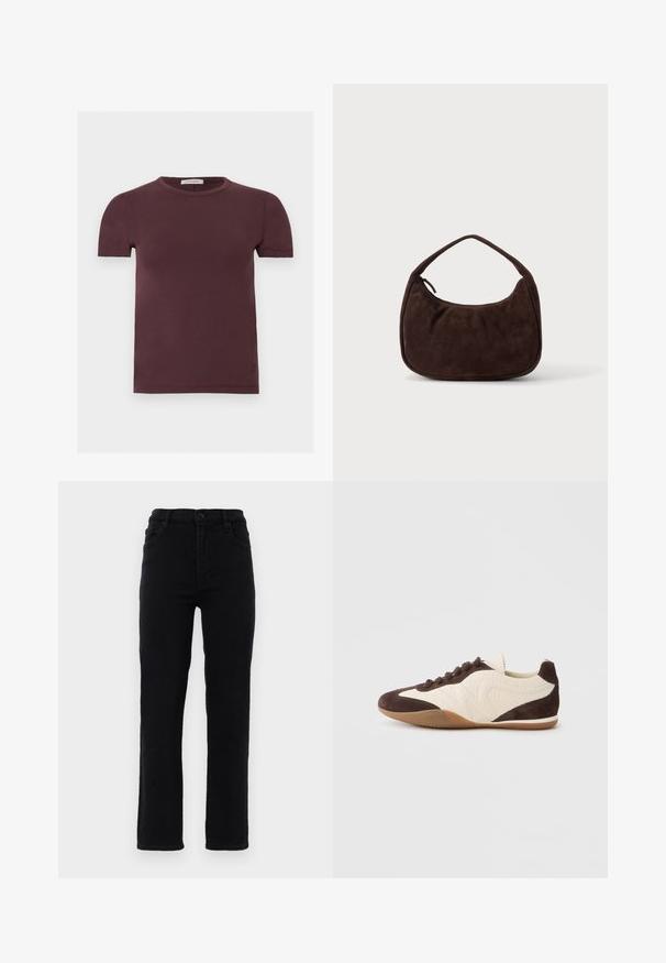 Kortærmet t-shirt med rund hals i mørk burgunder, lavet af blødt stof, med et lille mærke indeni kraven.; Sorte jeans i denim med lige ben, en mellemhøj talje og fem lommer. Har en frontlukning med knap og bæltestropper.; Brun og cremefarvet sneaker med en blanding af teksturerede og glatte materialer, lav profil, snørelukning og en gummisål.; Mørkebrun ruskindshåndtaske med kort rem og afrundet rektangulær form på en ensfarvet lys baggrund.